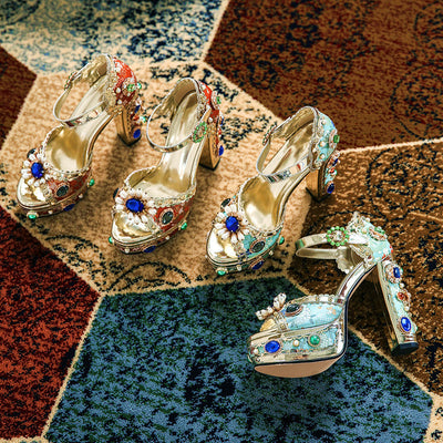 Block Heel Baroque Peep-Toe Sandals