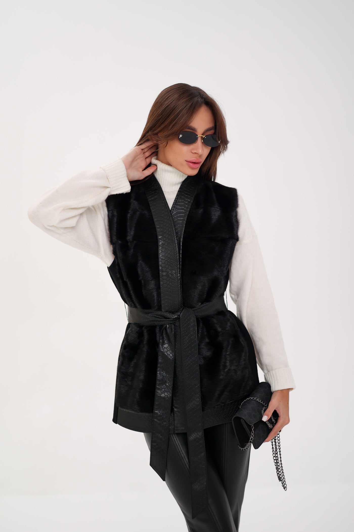 Genuine Mink Fur Leather Trim Wool Vest