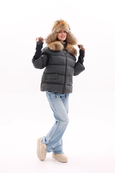 Genuine Fur Trim Down Fill Coat in Black