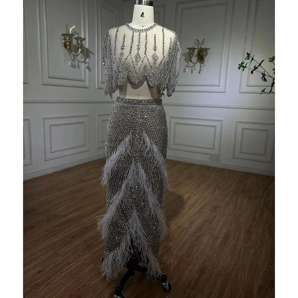 Silver Nude Slim-fit Feather Evening Dress