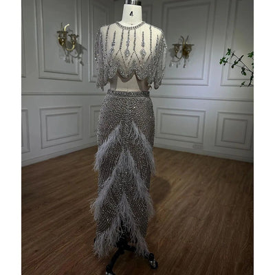 Silver Nude Slim-fit Feather Evening Dress