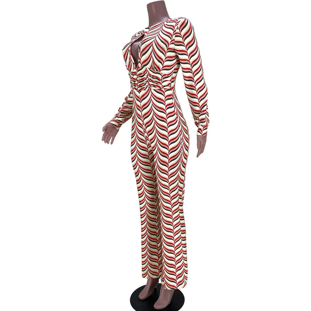 Women’s Cutout Smocked Print Flared Jumpsuit
