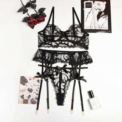 Transparent Mesh Lace Garter Three Piece Set