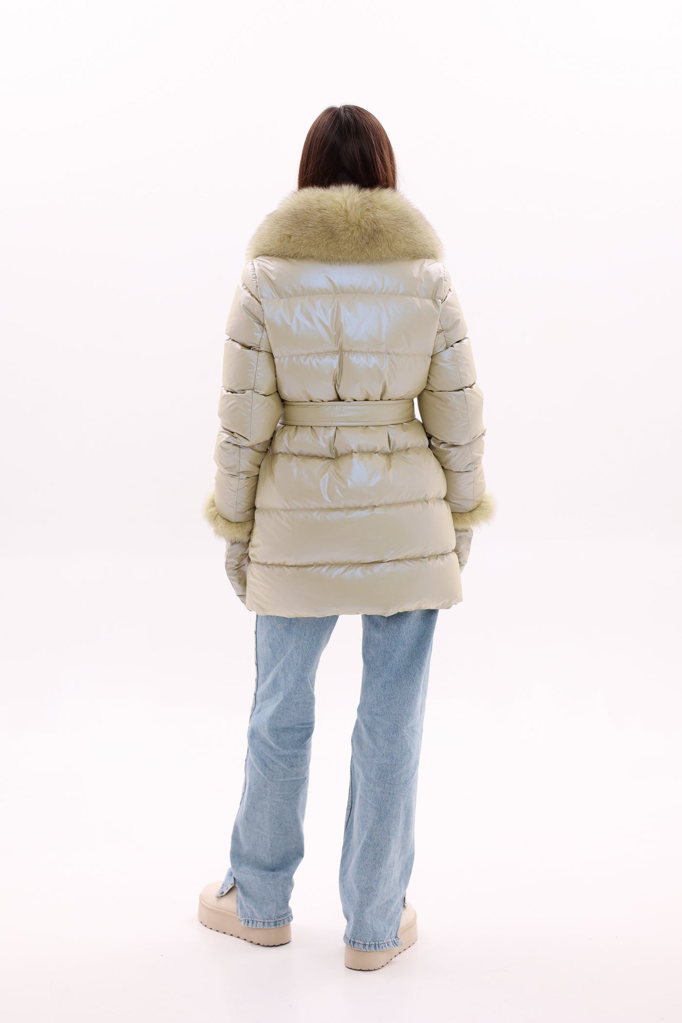 Genuine Fox Fur Down Coat with Fur Trim Mittens
