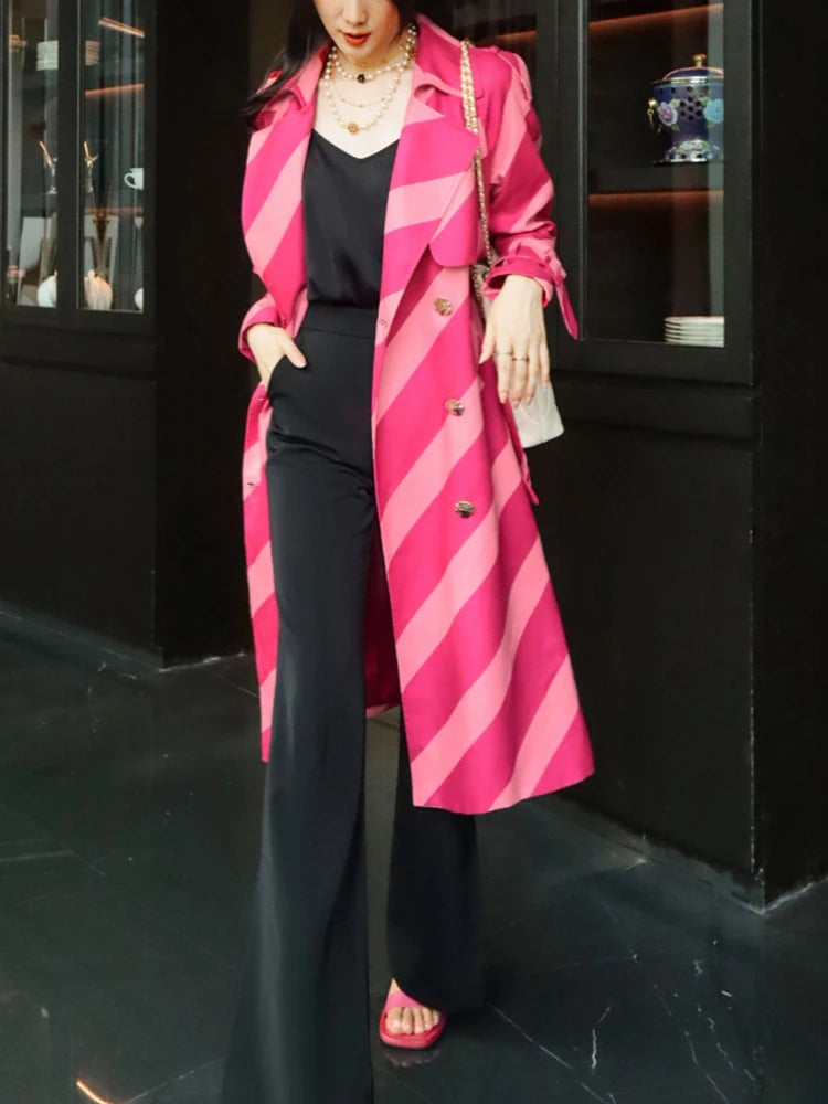 Contrasting Color Striped Trench Coat