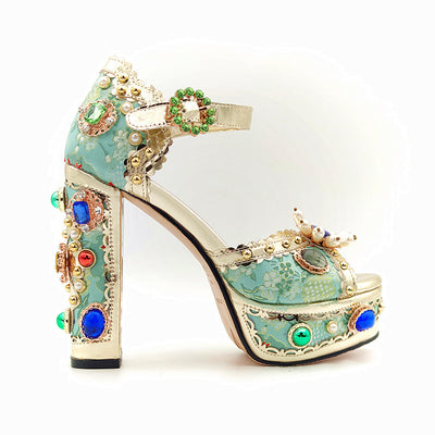 Block Heel Baroque Peep-Toe Sandals