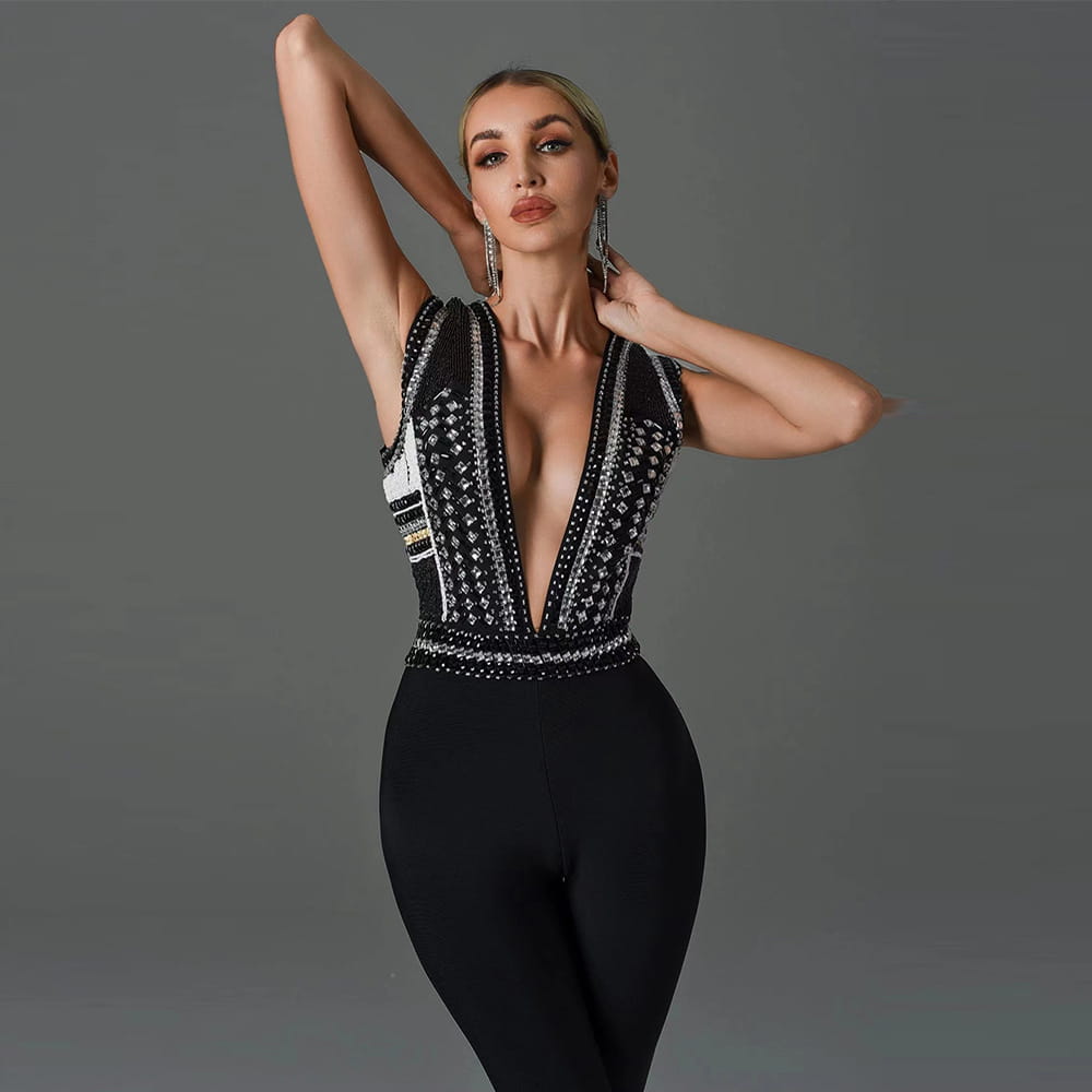 Women’s Beaded Sleeveless Bandage Jumpsuit