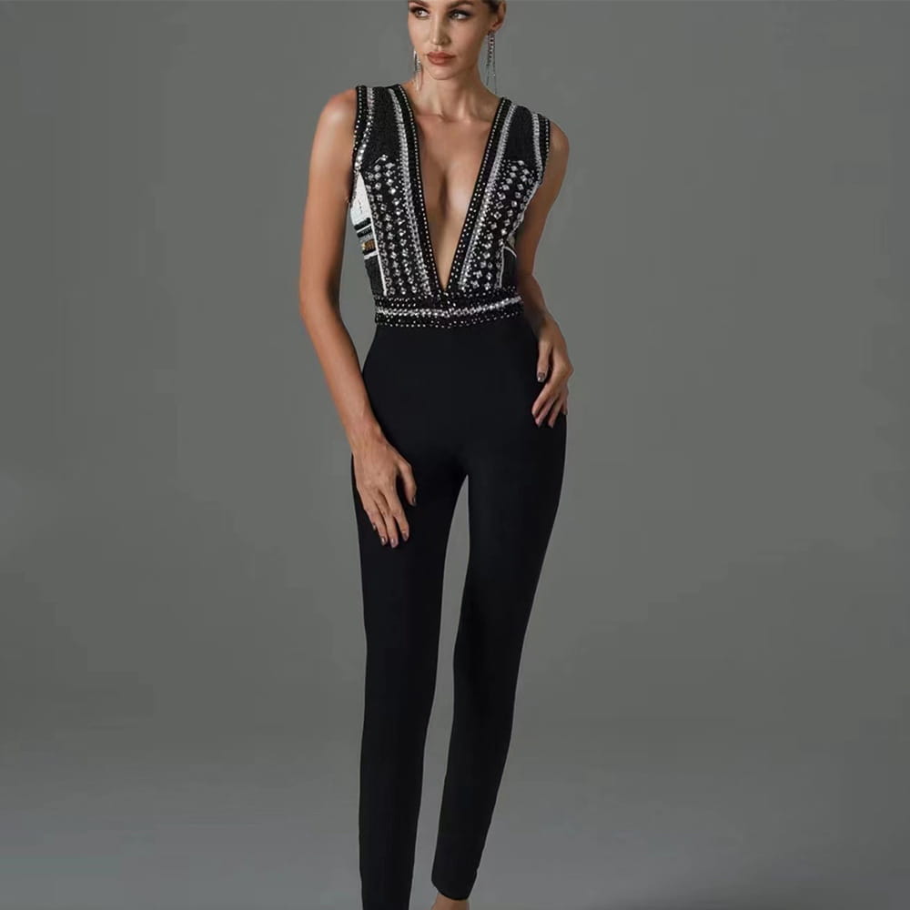 Women’s Beaded Sleeveless Bandage Jumpsuit