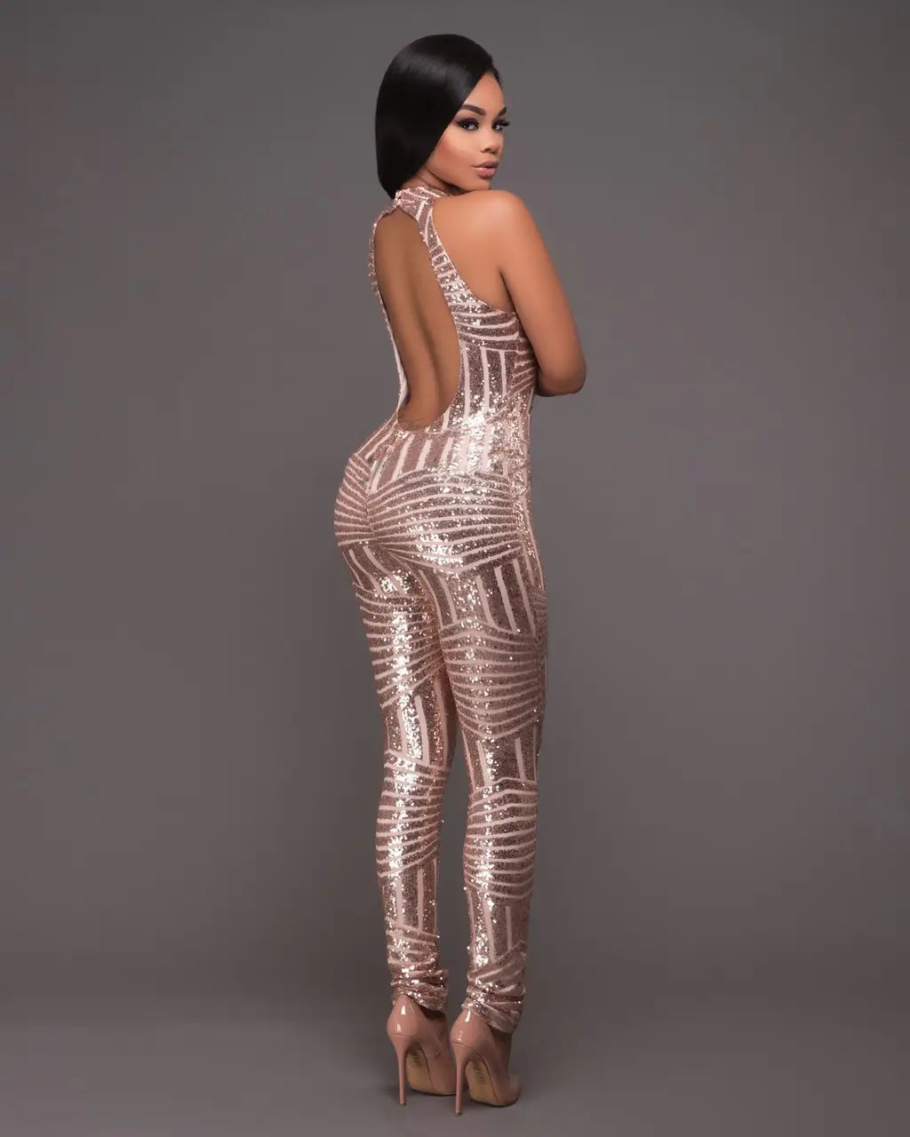 Ladies Open Back Sequin Printed Bodysuit