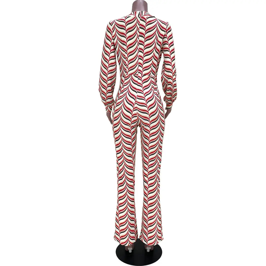 Women’s Cutout Smocked Print Flared Jumpsuit