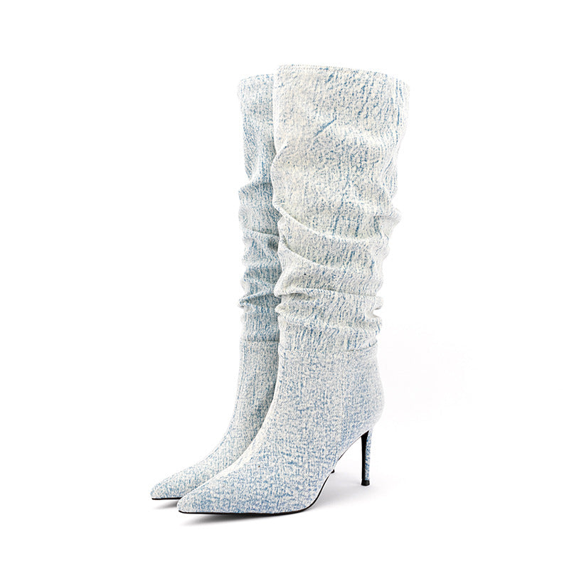 Denim Mid Calf Stiletto Boots