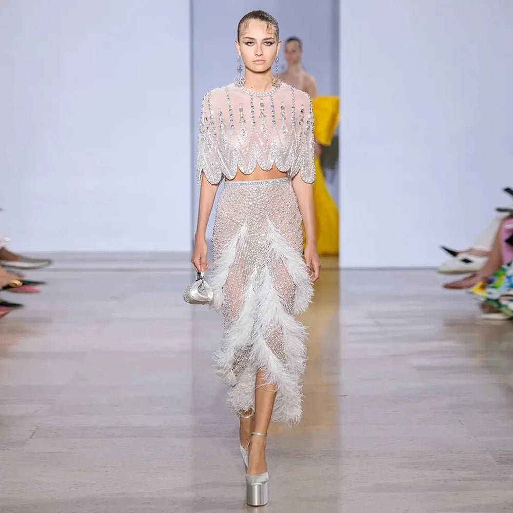 Silver Nude Slim-fit Feather Evening Dress