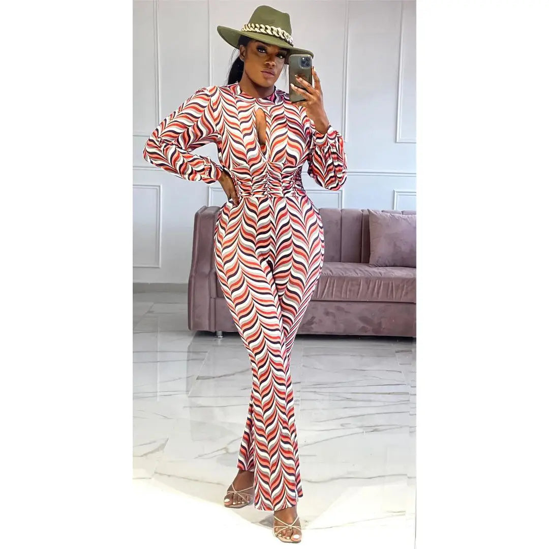 Women’s Cutout Smocked Print Flared Jumpsuit