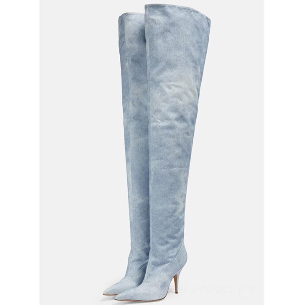 Denim Thigh-High Boots