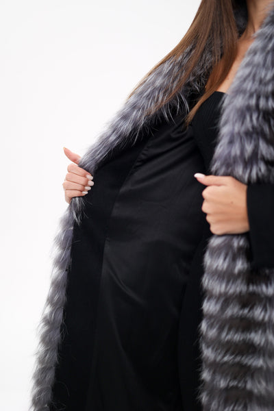 Genuine Silver Fox Virgin Wool Wrap Coat in Black