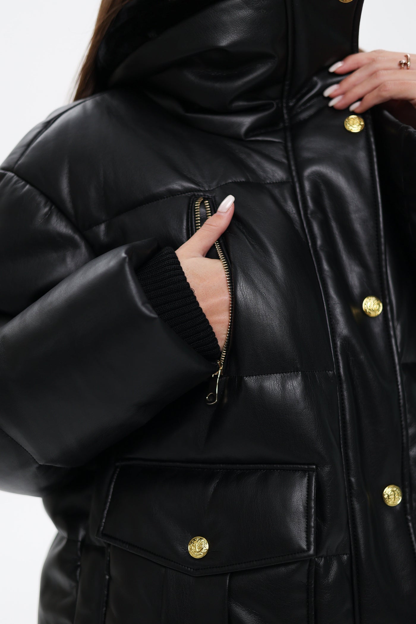 Eco Leather Alpaca Collar Down Jacket