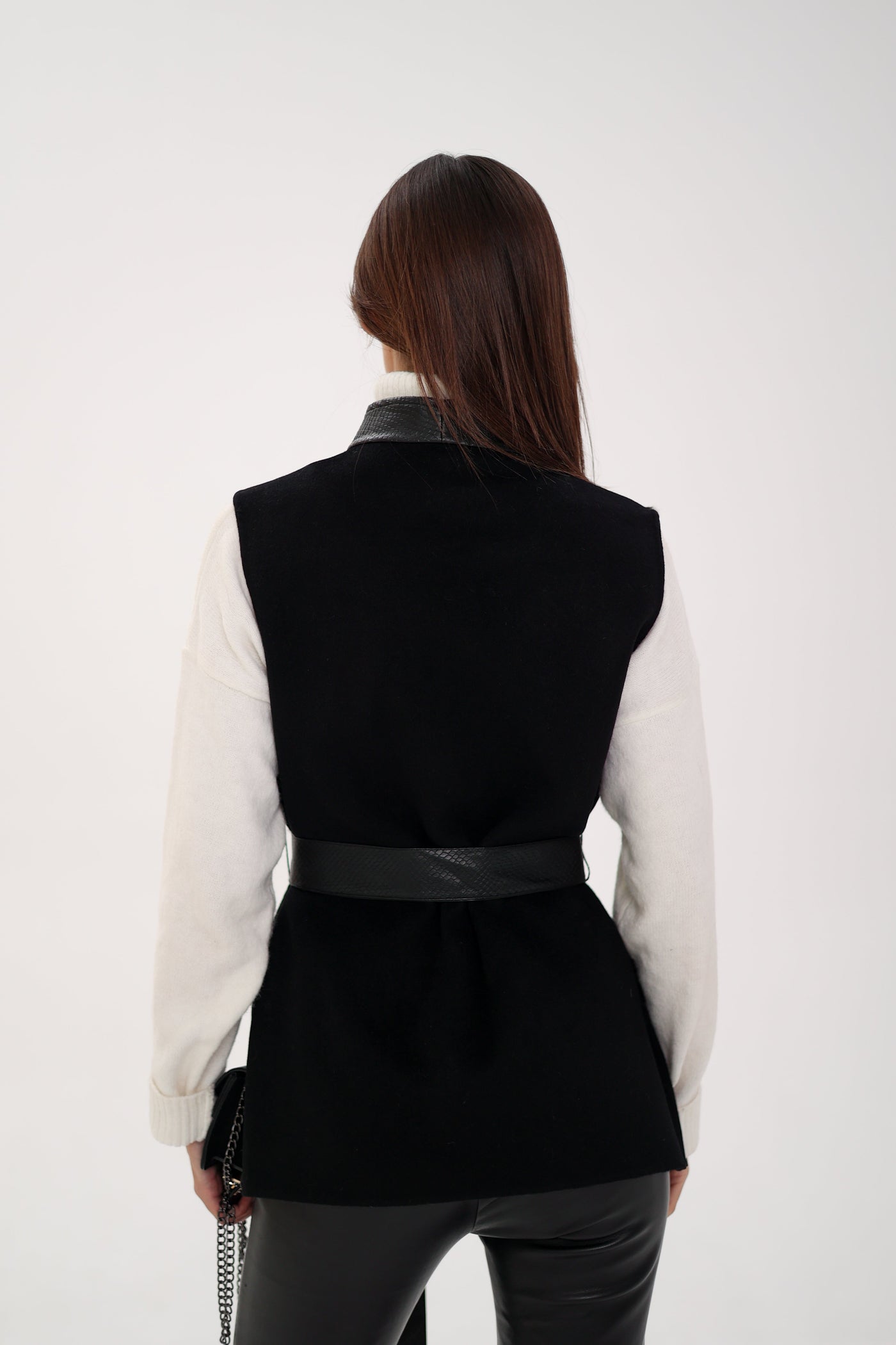 Genuine Mink Fur Leather Trim Wool Vest