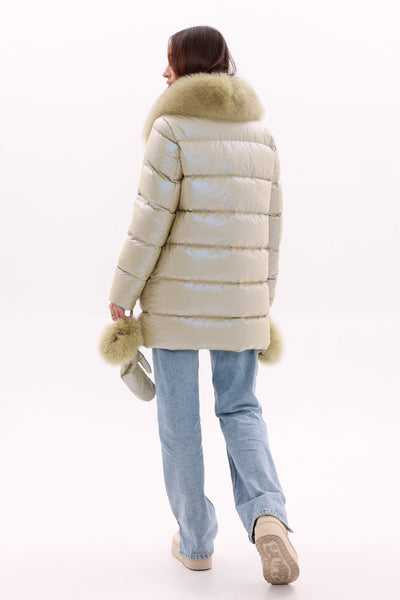 Genuine Fox Fur Down Coat with Fur Trim Mittens