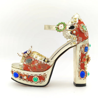 Block Heel Baroque Peep-Toe Sandals