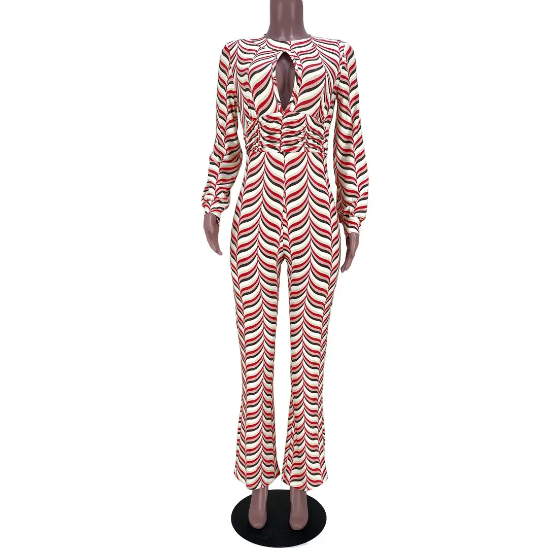 Women’s Cutout Smocked Print Flared Jumpsuit