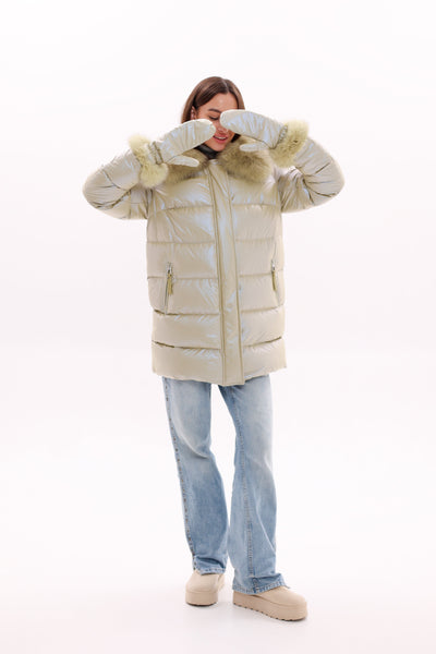 Genuine Fox Fur Down Coat with Fur Trim Mittens