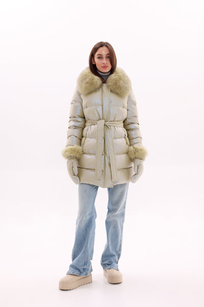 Genuine Fox Fur Down Coat with Fur Trim Mittens