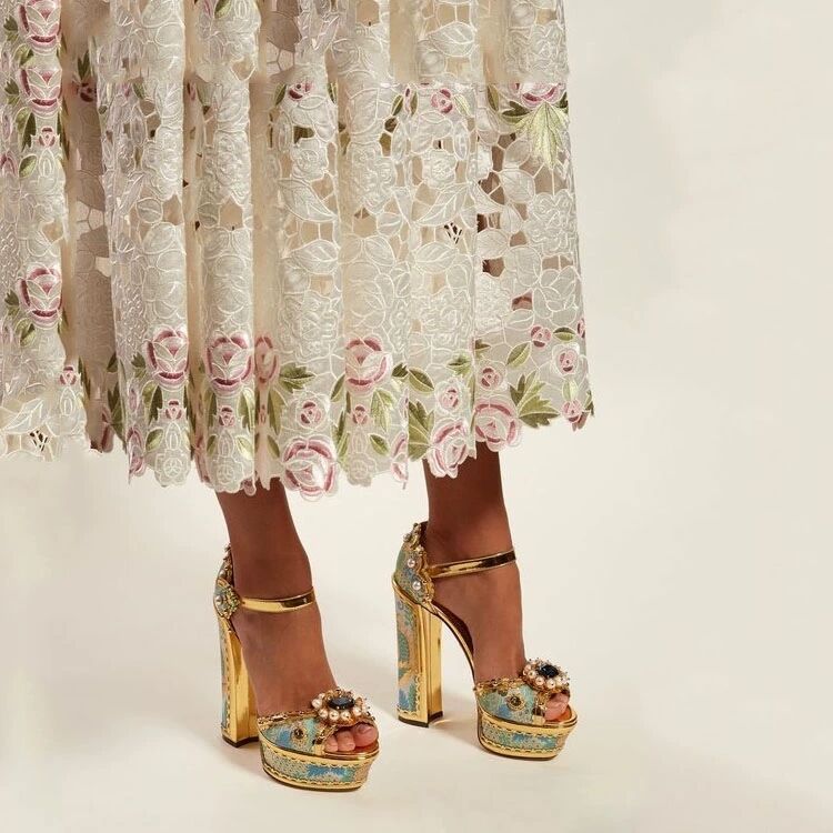 Block Heel Baroque Peep-Toe Sandals