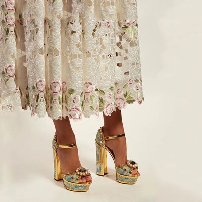 Block Heel Baroque Peep-Toe Sandals