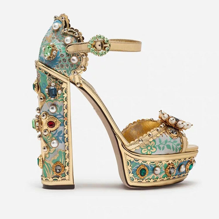 Block Heel Baroque Peep-Toe Sandals