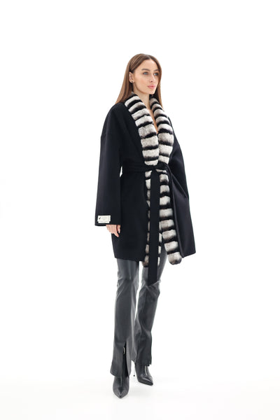 Genuine  French Orylag Fur Italian Cashmere Wool Coat 85cm