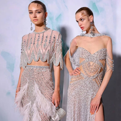 Silver Nude Slim-fit Feather Evening Dress