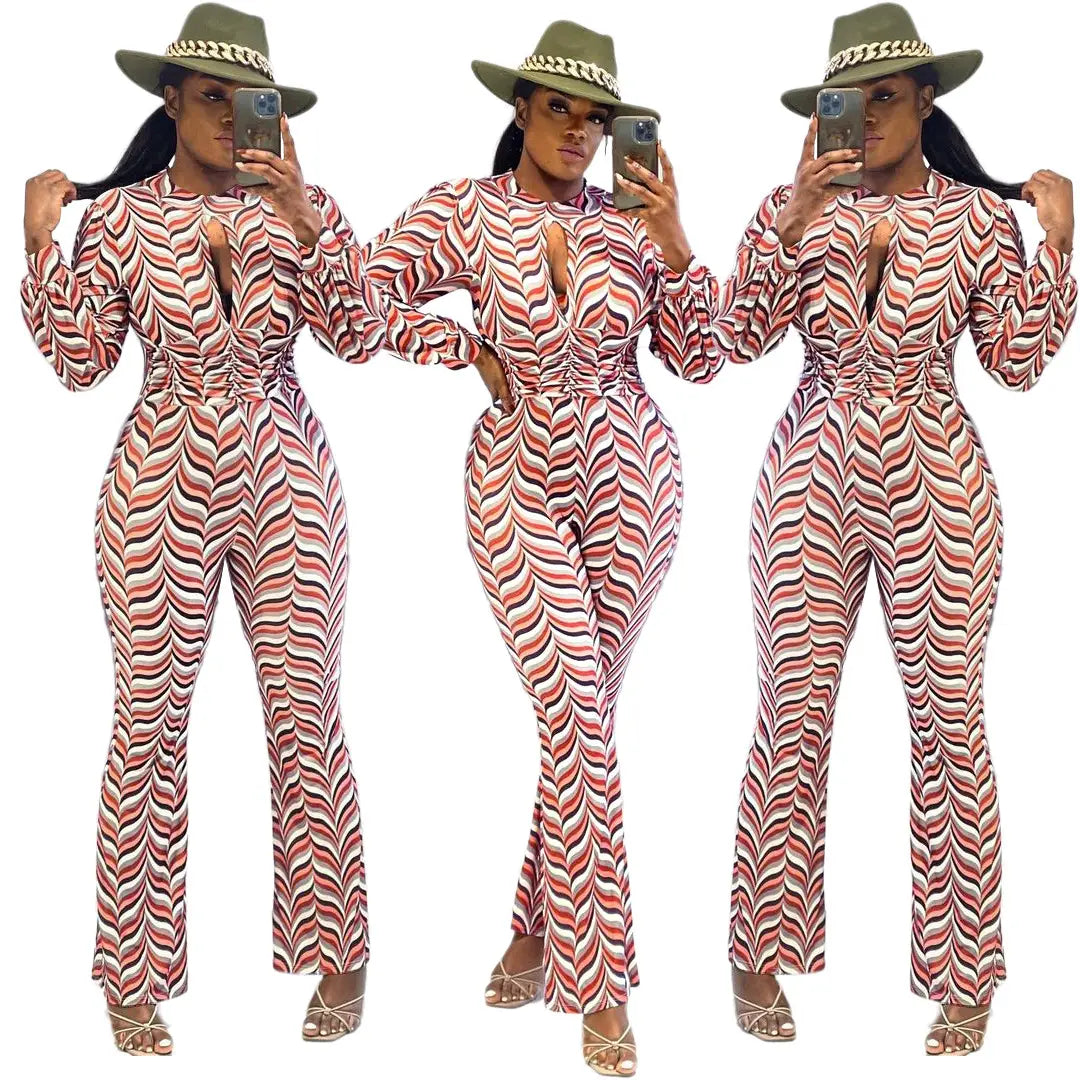 Women’s Cutout Smocked Print Flared Jumpsuit