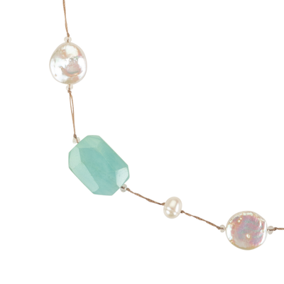 Aquamarine and coin pearl necklace on stainless