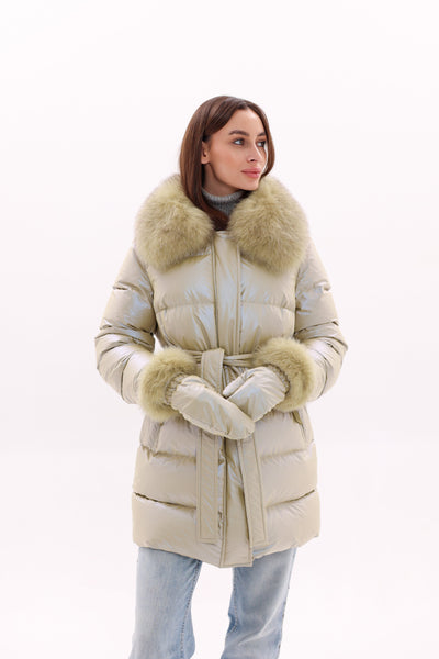 Genuine Fox Fur Down Coat with Fur Trim Mittens