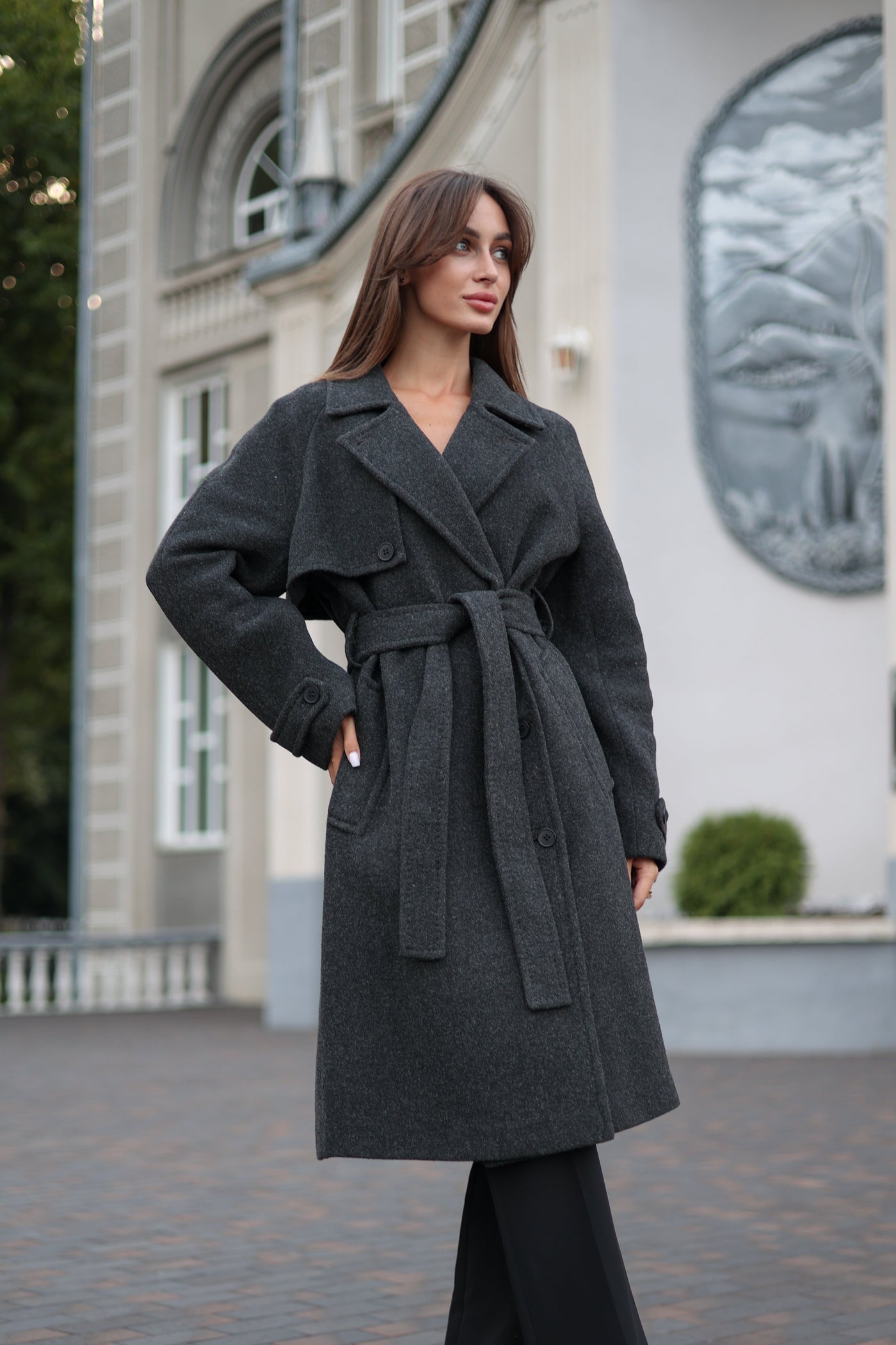 Classic Wool Blend Coat in Dark Grey