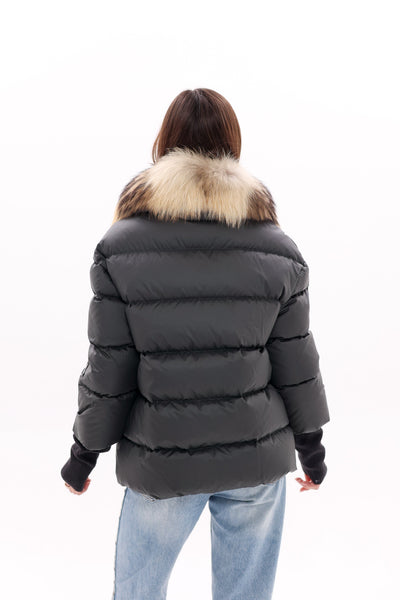 Genuine Fur Trim Down Fill Coat in Black