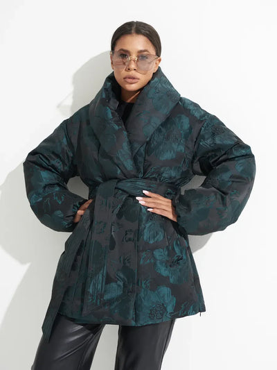 Monochrome Jacquard Down Coat in Vintage Emerald