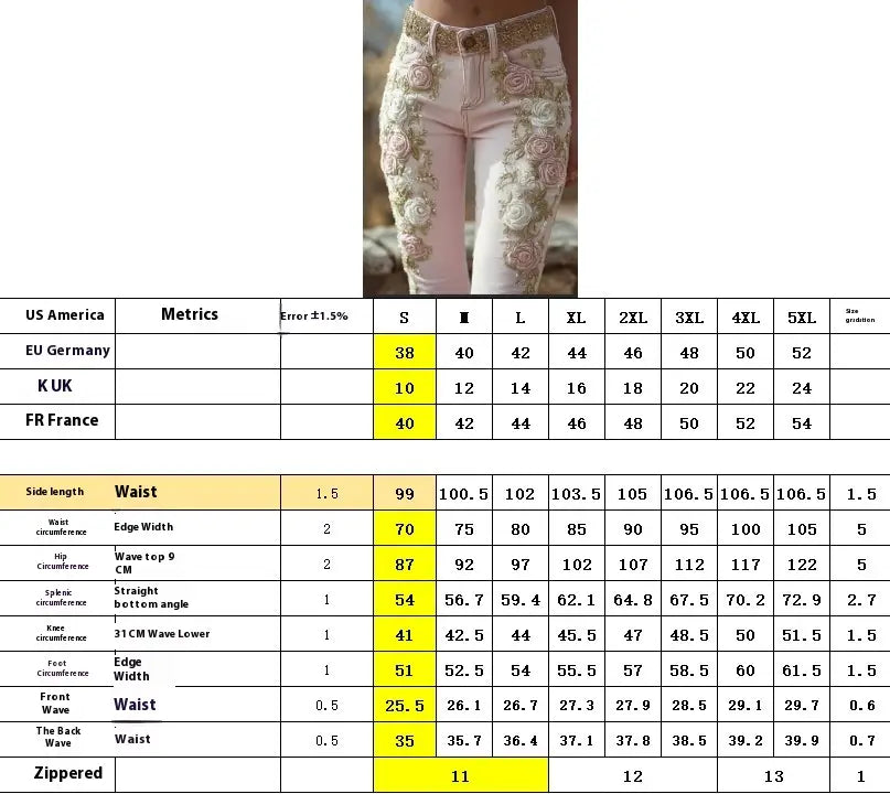 Women’s Retro Pink Rose Embroidered Printed Jeans