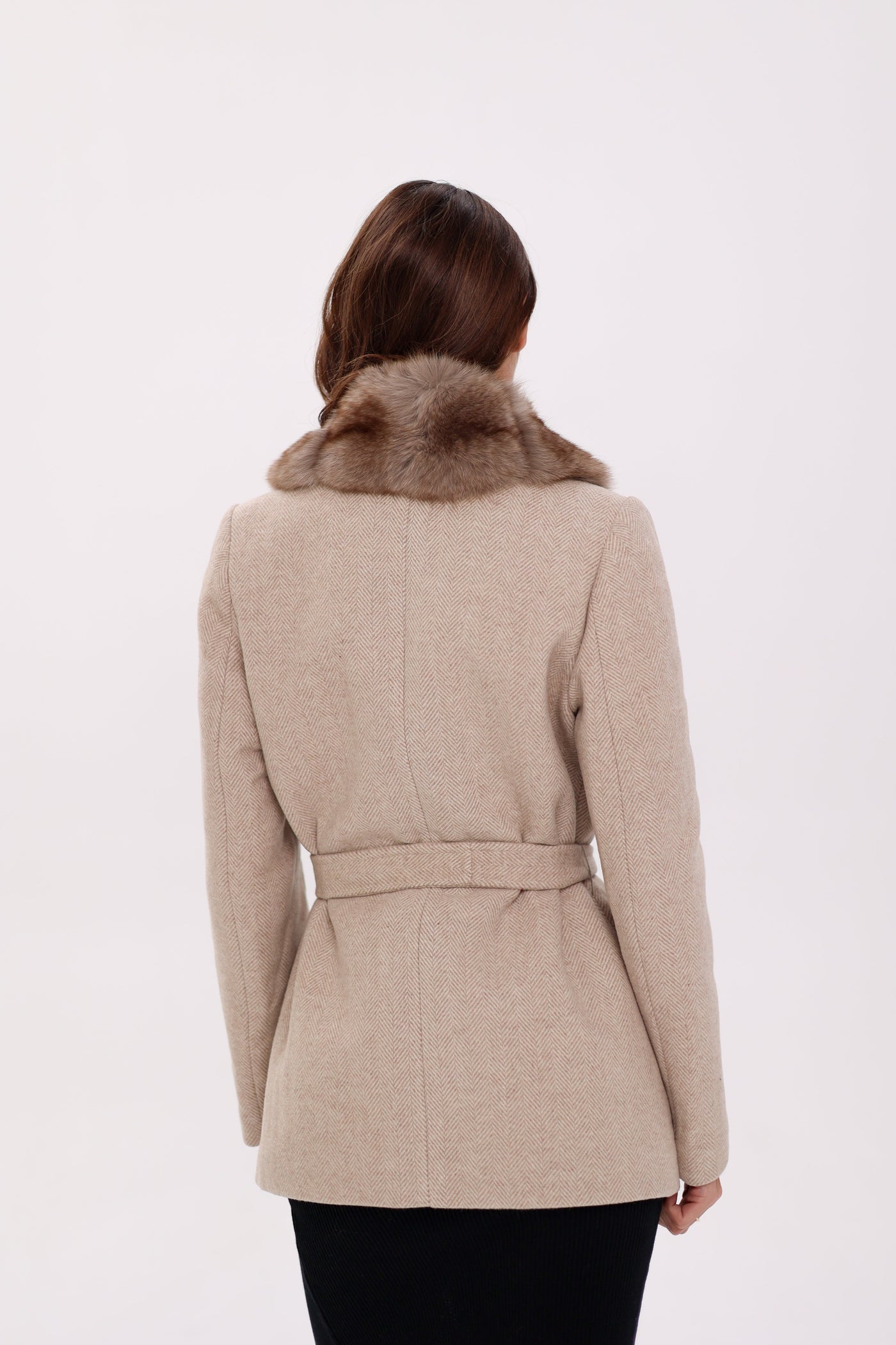 Genuine Polar Fox Fur Virgin Wool Coat in Nude