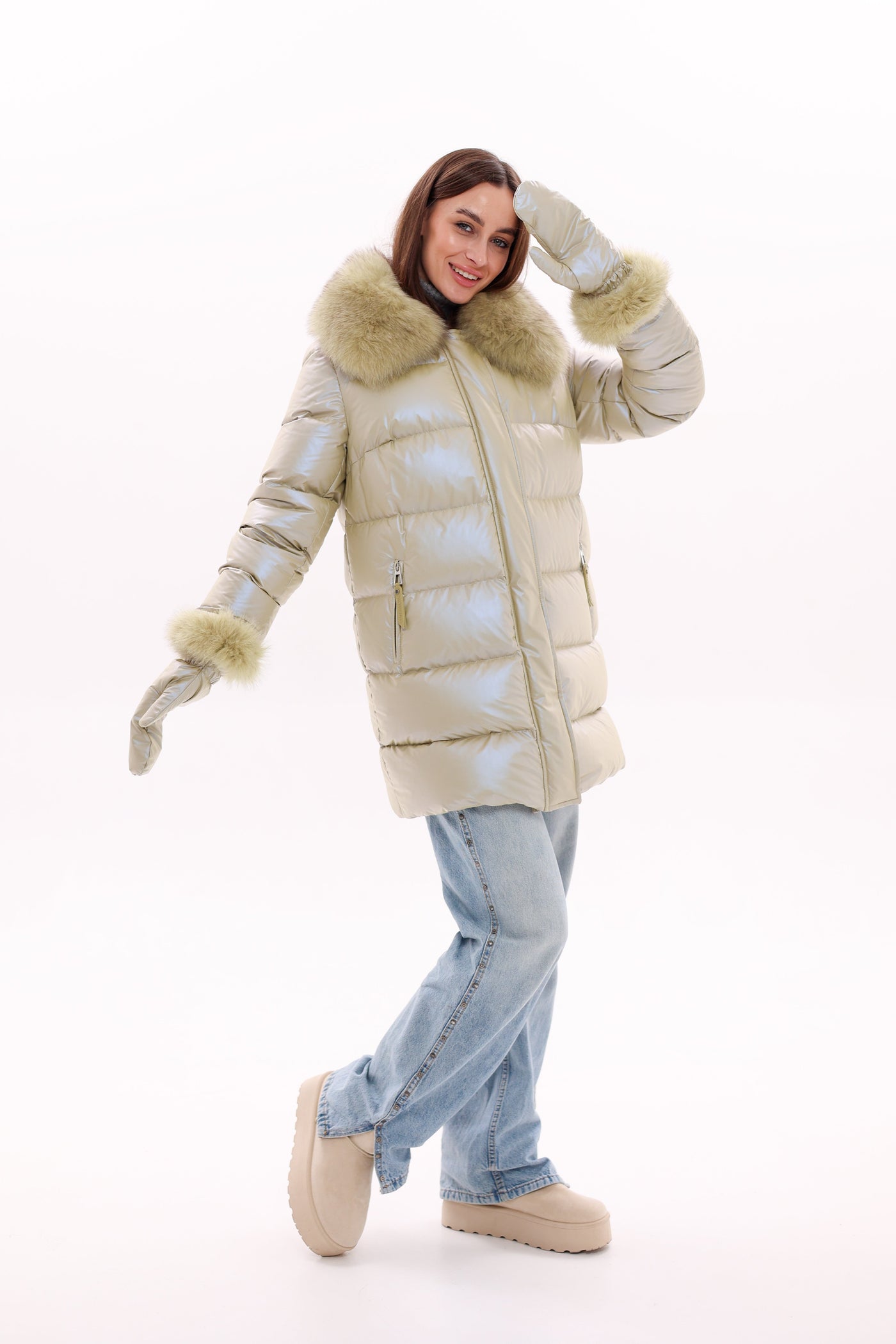 Genuine Fox Fur Down Coat with Fur Trim Mittens