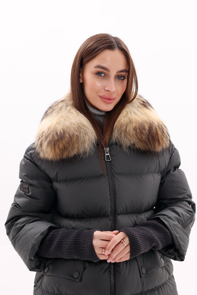 Genuine Fur Trim Down Fill Coat in Black
