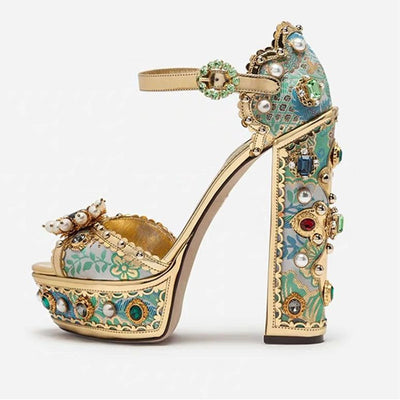 Block Heel Baroque Peep-Toe Sandals