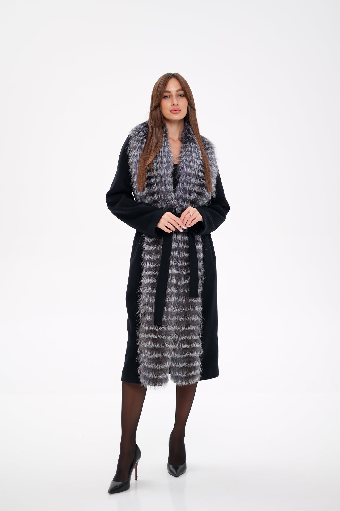 Genuine Silver Fox Virgin Wool Wrap Coat in Black