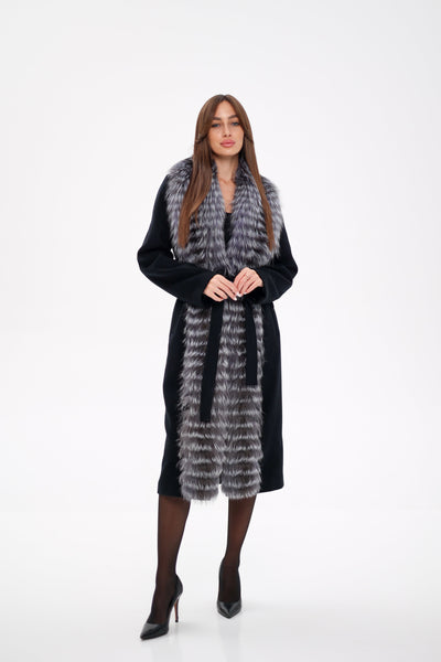 Genuine Silver Fox Virgin Wool Wrap Coat in Black