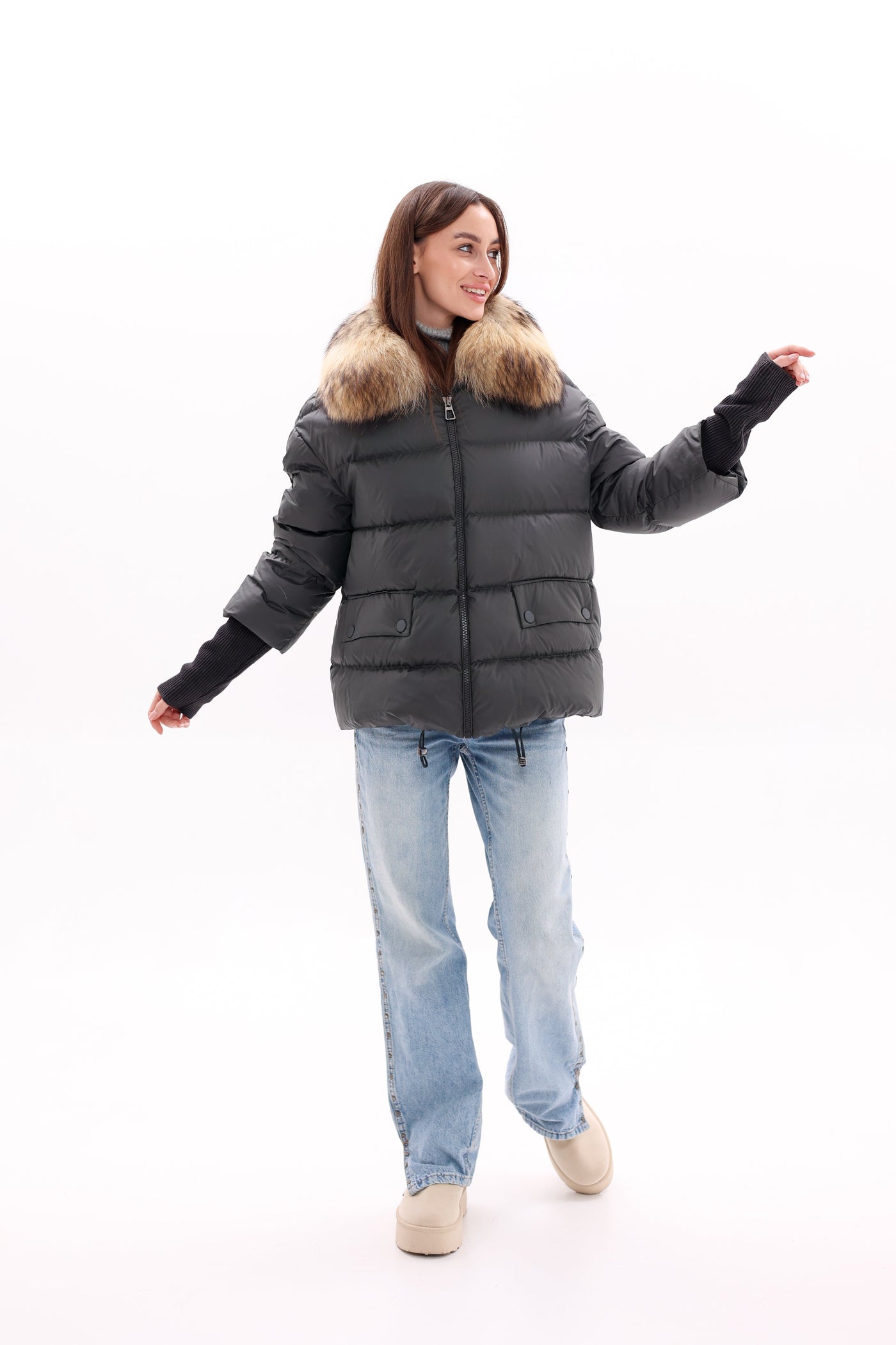 Genuine Fur Trim Down Fill Coat in Black