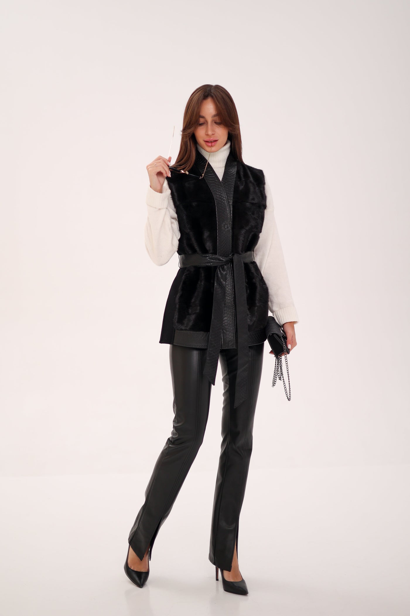 Genuine Mink Fur Leather Trim Wool Vest