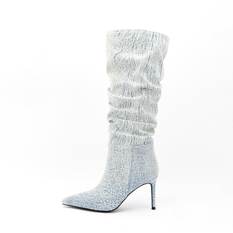 Denim Mid Calf Stiletto Boots