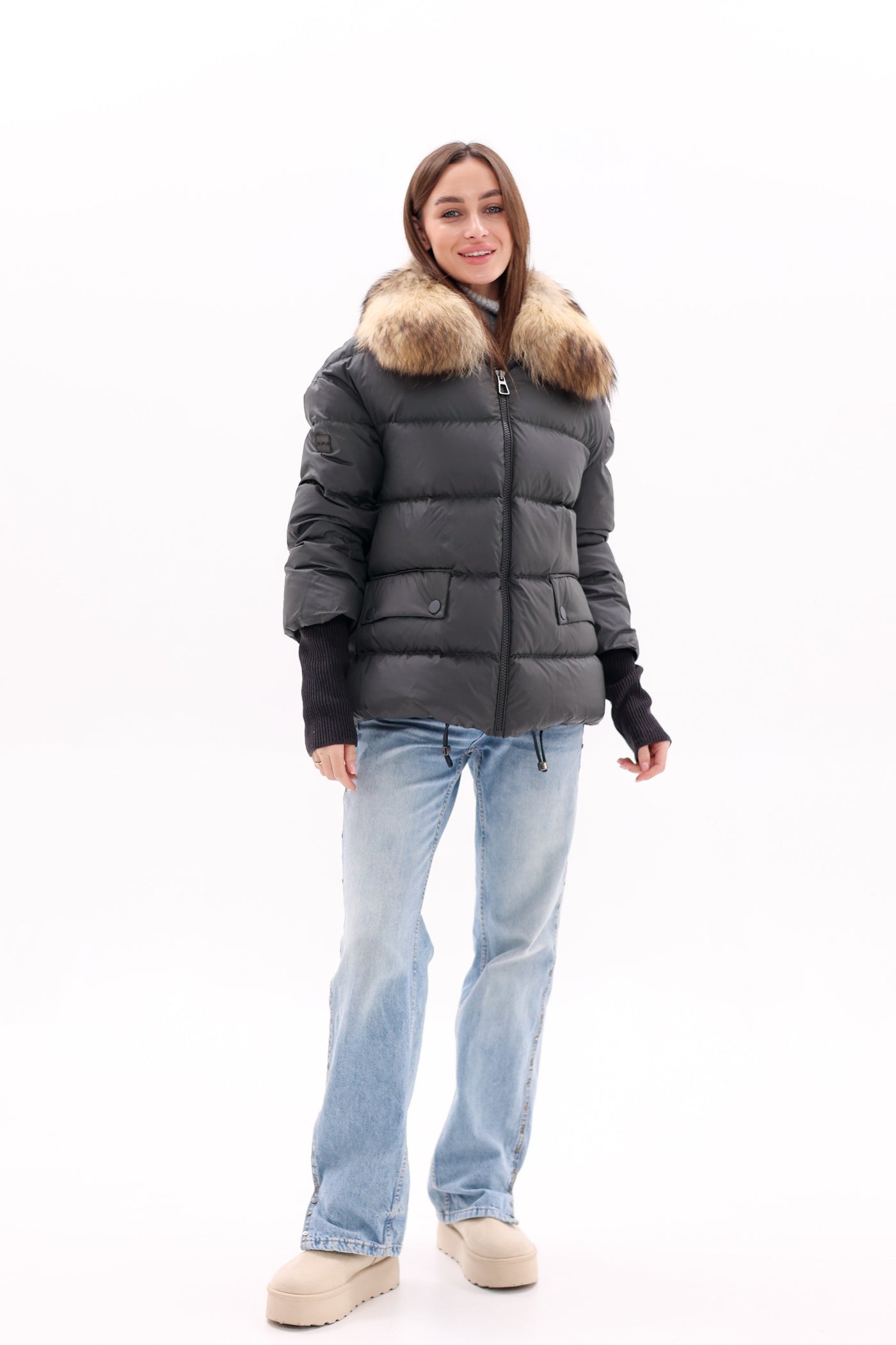 Genuine Fur Trim Down Fill Coat in Black