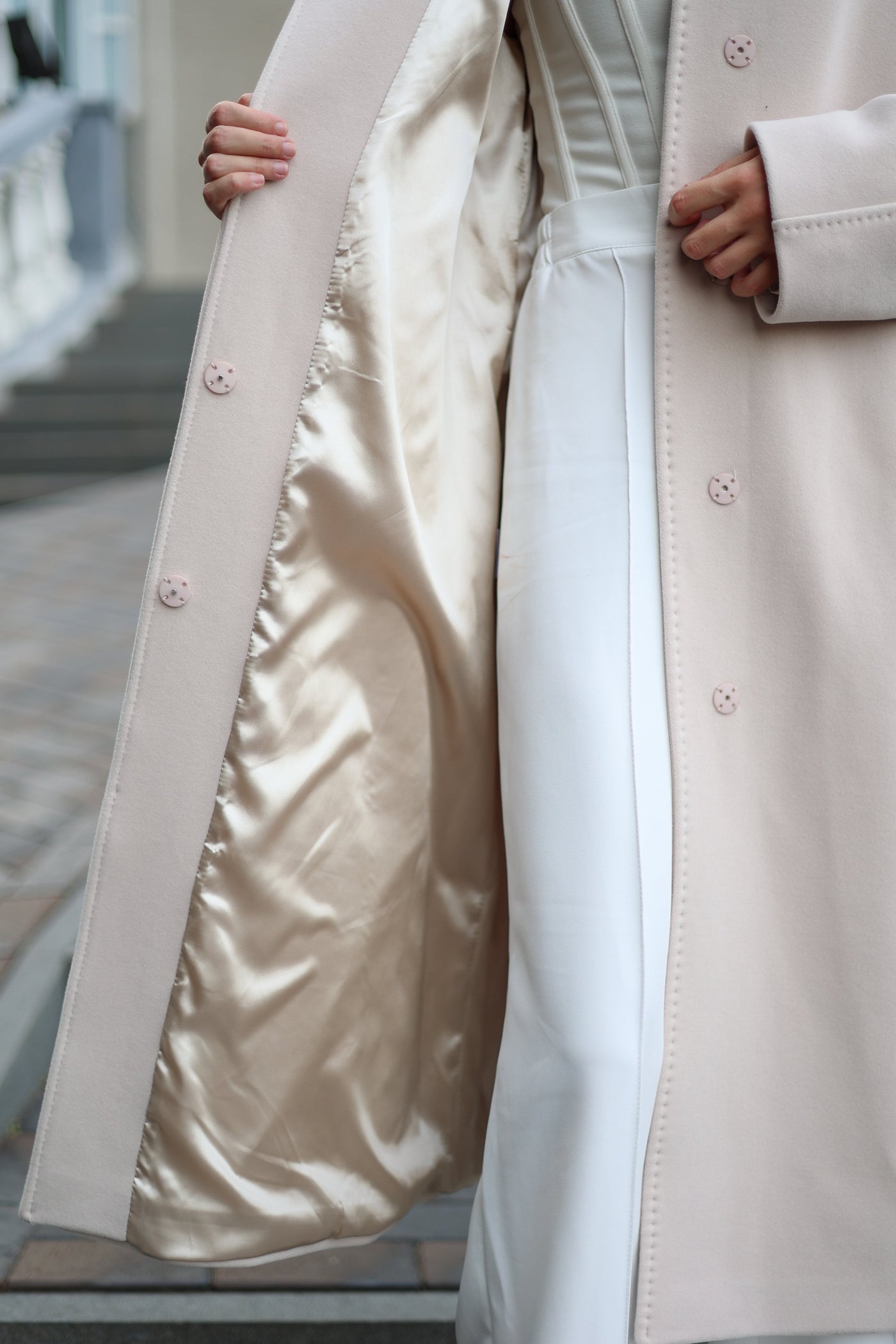 Band Collar Wool Blend Coat in Ivory