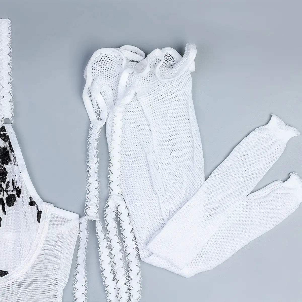 Embroidered Floral Black & White Three Piece Lingerie Set